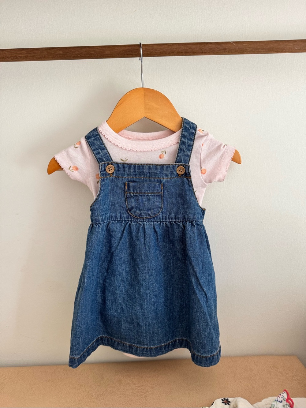 Denim Baby Dress over Peach Onesie